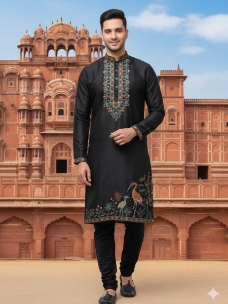 Men's Black Soft Silk Kurta Pant Set with Heavy Neck and Daman Embroidery 