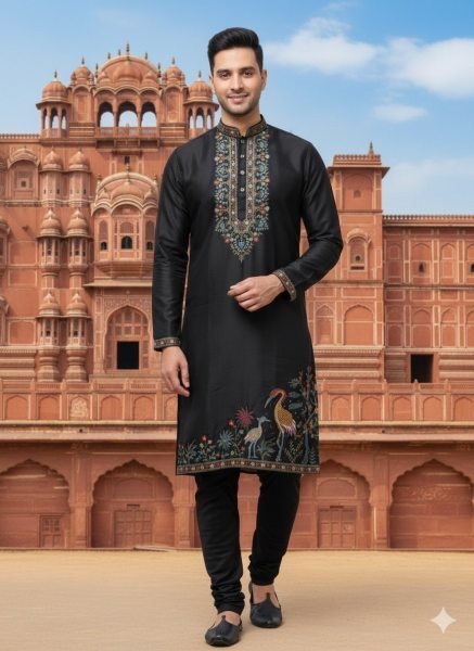 Men's Black Soft Silk Kurta Pant Set with Heavy Neck and Daman Embroidery Kurta Pajama Wholesale