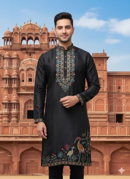 Men's Black Soft Silk Kurta Pant Set with Heavy Neck and Daman Embroidery Kurta Pajama Wholesale