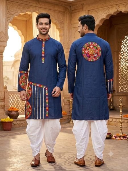 Men’s Blue Navratri Kurta Dhoti Set with Traditional Gamthi Work For Garba Night 