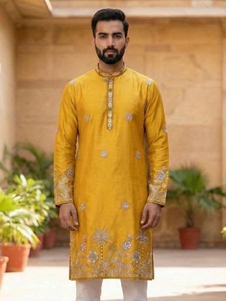 Mens Embroidered Daman Kurta with Front  Back   Sleeve Work At Best Rates Mens Wear