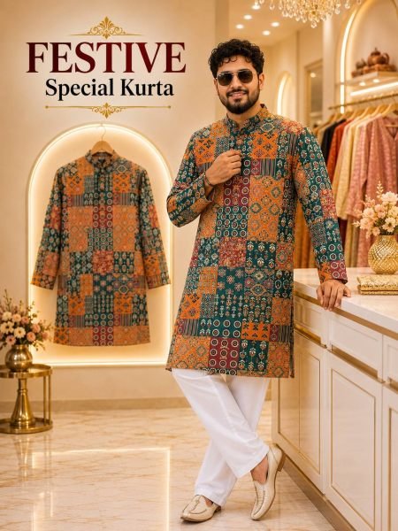 Men's Green Soft Cotton Printed Kurta with Cotton Pyjama For Wedding Mens Wear