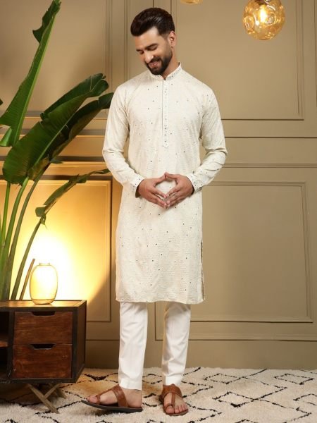 Men's OffWhite Khadi Cotton Kurta Pyjama with Embroidery and Mirror Work at Wholesale Rate 