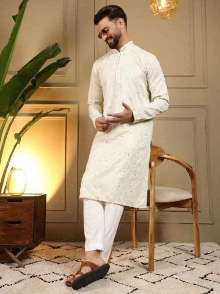 Men's OffWhite Khadi Cotton Kurta Pyjama with Embroidery and Mirror Work at Wholesale Rate Kurta Pajama Wholesale