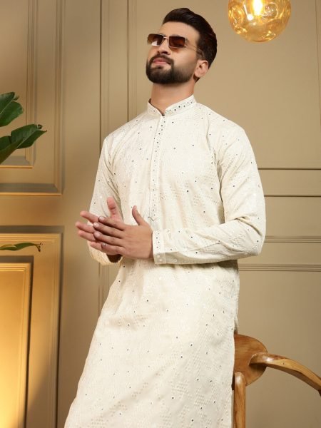 Men's OffWhite Khadi Cotton Kurta Pyjama with Embroidery and Mirror Work at Wholesale Rate Kurta Pajama Wholesale