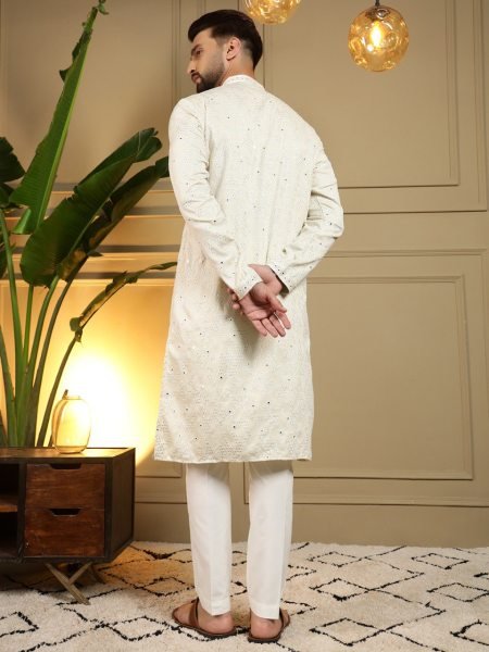 Men's OffWhite Khadi Cotton Kurta Pyjama with Embroidery and Mirror Work at Wholesale Rate Kurta Pajama Wholesale
