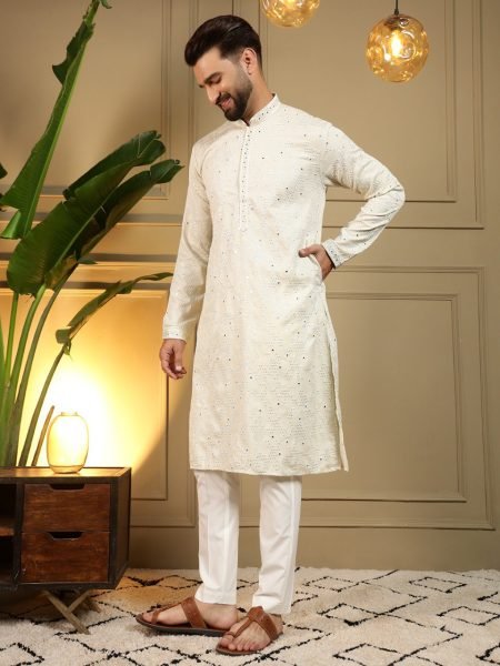 Men's OffWhite Khadi Cotton Kurta Pyjama with Embroidery and Mirror Work at Wholesale Rate Kurta Pajama Wholesale