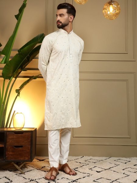 Men's OffWhite Khadi Cotton Kurta Pyjama with Embroidery and Mirror Work at Wholesale Rate Kurta Pajama Wholesale
