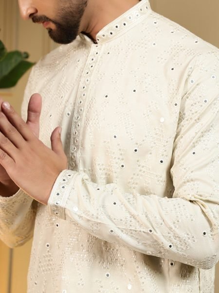 Men's OffWhite Khadi Cotton Kurta Pyjama with Embroidery and Mirror Work at Wholesale Rate Kurta Pajama Wholesale