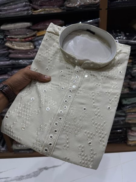 Men's OffWhite Khadi Cotton Kurta Pyjama with Embroidery and Mirror Work at Wholesale Rate Kurta Pajama Wholesale