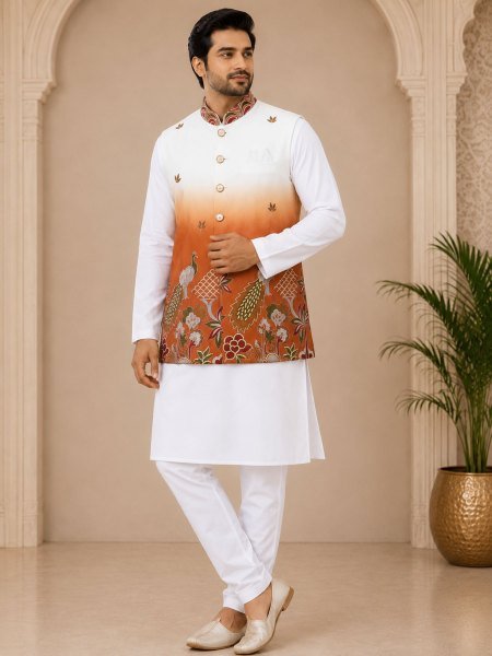 Men s Orange Shard Malai Satin Kurta Koti Set with Designer Front and Back Work Mens Wear