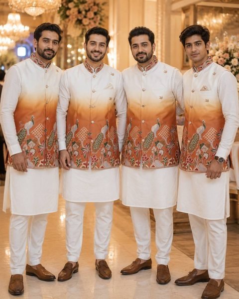 Men s Orange Shard Malai Satin Kurta Koti Set with Designer Front and Back Work Kurta Pajama Wholesale