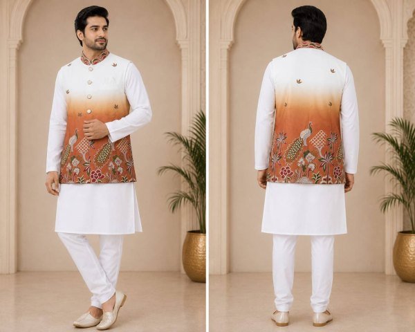 Men s Orange Shard Malai Satin Kurta Koti Set with Designer Front and Back Work Kurta Pajama Wholesale
