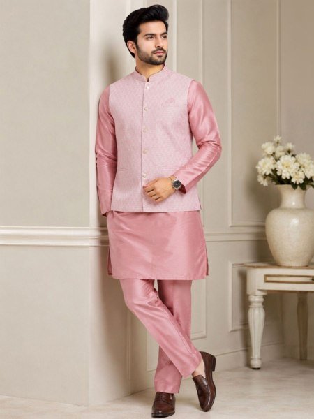 Men's Pink Silk Kurta Pajama and Jacquard Koti Set for Wedding Wear