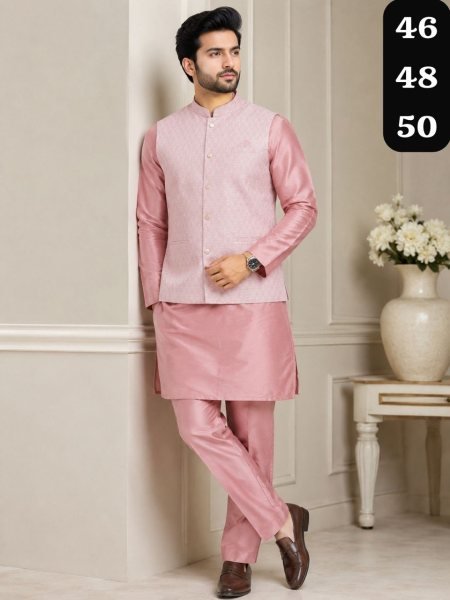 Men's Pink Silk Kurta Pajama and Jacquard Koti Set for Wedding Wear Kurta Pajama Wholesale