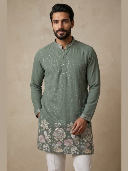 Men   s Sage Green Semi Lachko Kurta Pyjama with Embroidery Work at Wholesale Rate 