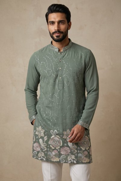 Men   s Sage Green Semi Lachko Kurta Pyjama with Embroidery Work at Wholesale Rate Kurta Pajama Wholesale