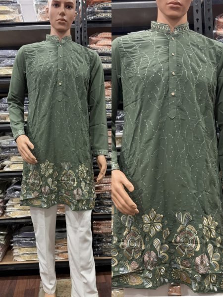 Men   s Sage Green Semi Lachko Kurta Pyjama with Embroidery Work at Wholesale Rate Kurta Pajama Wholesale