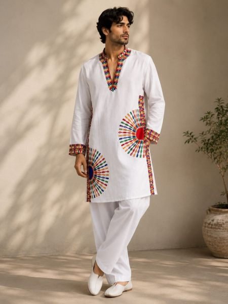 Men White Roman Silk Embroidered Kurta Pajama with Real Mirror Work at Manufacturer Rate Mens Wear