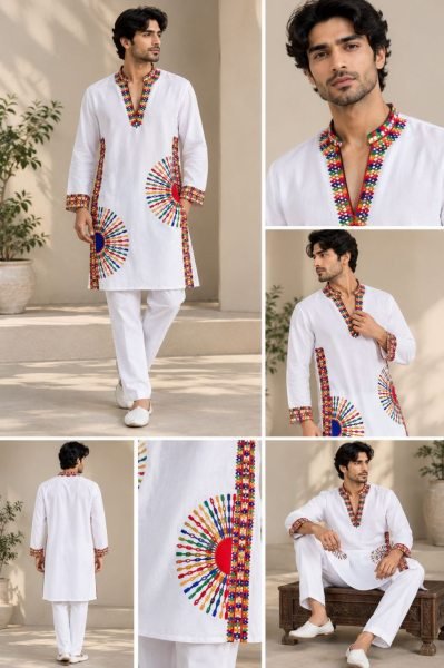 Men White Roman Silk Embroidered Kurta Pajama with Real Mirror Work at Manufacturer Rate Kurta Pajama Wholesale