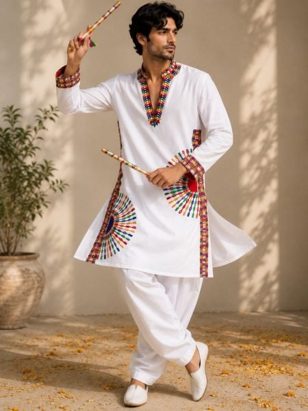 Men White Roman Silk Embroidered Kurta Pajama with Real Mirror Work at Manufacturer Rate Kurta Pajama Wholesale