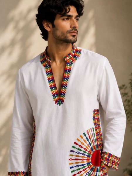 Men White Roman Silk Embroidered Kurta Pajama with Real Mirror Work at Manufacturer Rate Kurta Pajama Wholesale