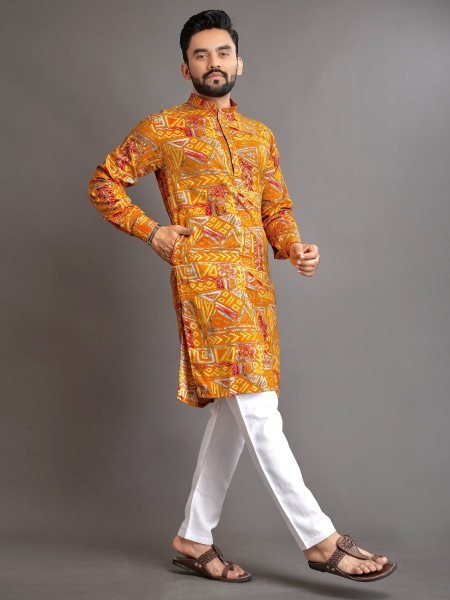 Mens Ethnic Cotton Kurta Set with Printed Work Ready to Wear Kurta Pajama Wholesale