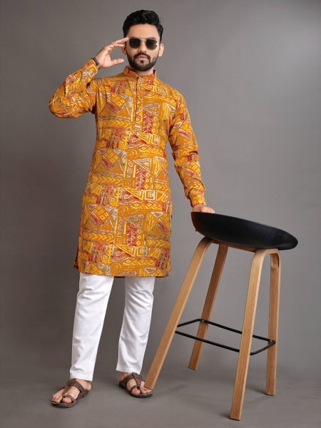 Mens Ethnic Cotton Kurta Set with Printed Work Ready to Wear Kurta Pajama Wholesale