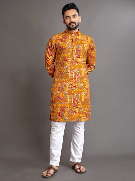 Mens Ethnic Cotton Kurta Set with Printed Work Ready to Wear Kurta Pajama Wholesale