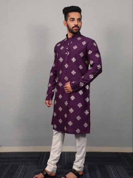 Mens Festival Edition Kurta Pajama Embroidered Parbon Silk Kurta with Classic White Bottom