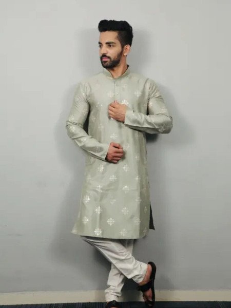 Pista Green Silk Kurta Sherwani Set for Men Readymade Bollywood Style with Crotch Stitch   Sequin Work