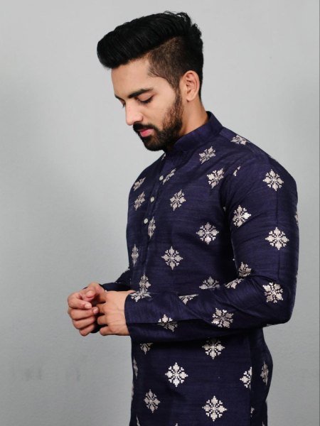 Blue Mens Traditional Kurta Pajama Set in Parbon Silk With Copper Sequence