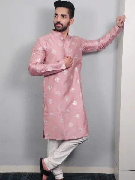 Mens Pink Soft Silk Copper Sequence Work Kurta And Pajama Set Kurta Pajama Wholesale