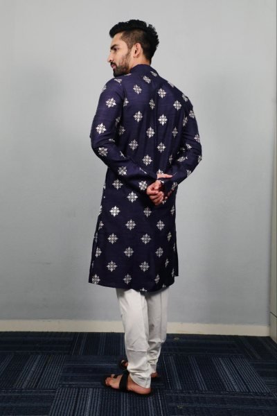 Blue Mens Traditional Kurta Pajama Set in Parbon Silk With Copper Sequence Kurta Pajama Wholesale
