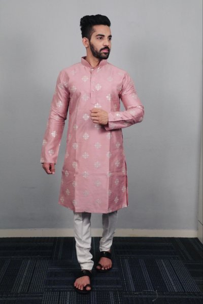 Mens Pink Soft Silk Copper Sequence Work Kurta And Pajama Set Kurta Pajama Wholesale