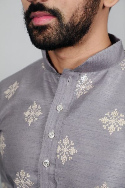 Grey Snowflake Embroidered Kurta Pajama Set for Men Ready to Wear Designer Ethnic Look Kurta Pajama Wholesale