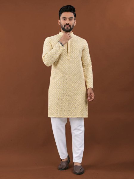 Mens Heavy Rayon Kurta Pajama Set with Lucknowi Embroidery Work Mens Wear