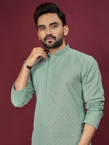 Mens Lucknowi and Chicken Kari Kurta Pajama Elegant Party Wear Loook Kurta Pajama Wholesale