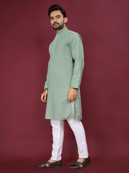 Mens Lucknowi and Chicken Kari Kurta Pajama Elegant Party Wear Loook Kurta Pajama Wholesale