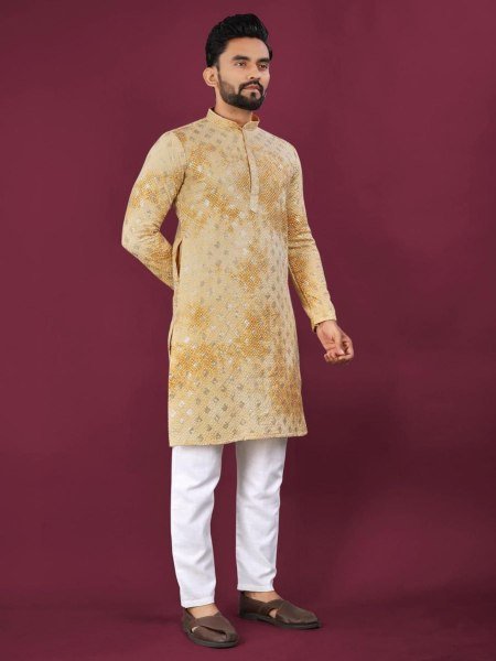 Mens Lucknowi Kurta Pajama in Yellow Pure Rayon Elegance Kurta Pajama Wholesale