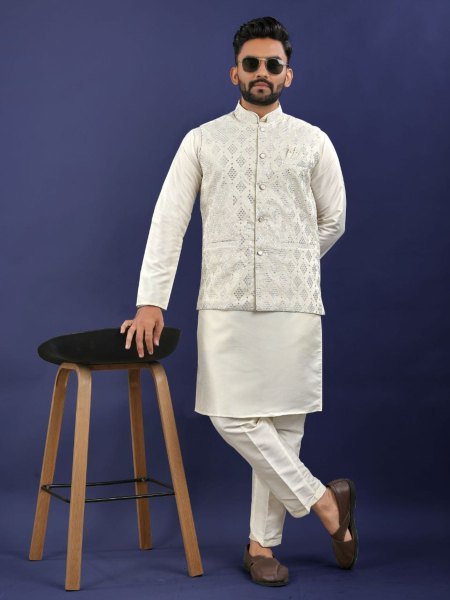 Mens Pure Silk Jacket Kurta Pajama Set Stylish Sequence Embroidery for Special Occasions Mens Wear