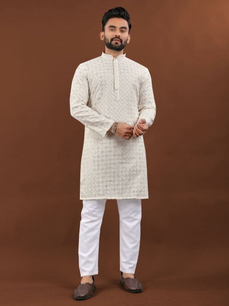 mens traditional kurta pajama with chikan work ethnic party wear Mens Wear