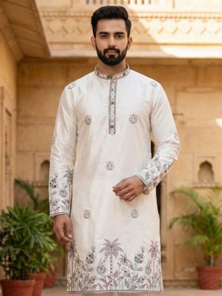 Mens White Embroidered Daman Kurta with Payjama At Wholesale Rates Mens Wear