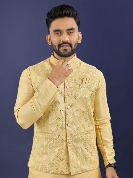 Royal Yellow Silk Jacket Kurta Set Embroidered Elegance for Festive & Wedding Looks Kurta Pajama Wholesale