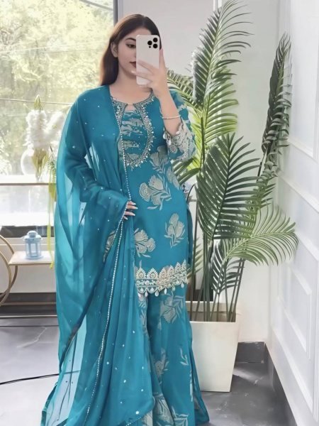Mesmerizing Aqva Blue Faux Georgette Sharara Suit with Coding Stitch Embroidery Sequence Work Ready To Wear Suit