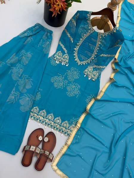 Mesmerizing Aqva Blue Faux Georgette Sharara Suit with Coding Stitch Embroidery Sequence Work Ready To Wear Collection