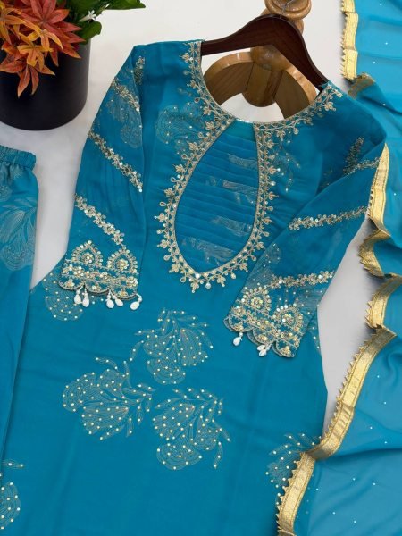 Mesmerizing Aqva Blue Faux Georgette Sharara Suit with Coding Stitch Embroidery Sequence Work Ready To Wear Collection
