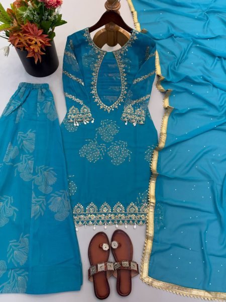 Mesmerizing Aqva Blue Faux Georgette Sharara Suit with Coding Stitch Embroidery Sequence Work Ready To Wear Collection