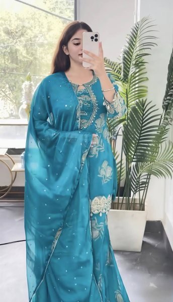 Mesmerizing Aqva Blue Faux Georgette Sharara Suit with Coding Stitch Embroidery Sequence Work Ready To Wear Collection