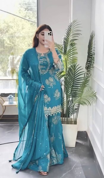 Mesmerizing Aqva Blue Faux Georgette Sharara Suit with Coding Stitch Embroidery Sequence Work Ready To Wear Collection